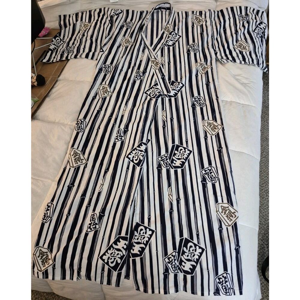 💥 Traditional Japanese Black White 100% Cotton Long Kimono Yukata Robe 58" D2